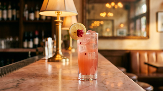 Pink lemonade rose pâle dans un grand verre, rondelle de citron et framboise, comptoir de marbre rose