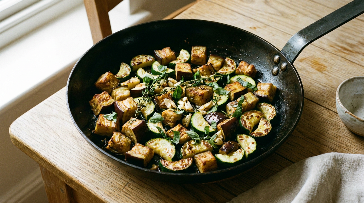 Poêlée de courgettes et aubergines dans une grande poêle noire, cubes d'aubergine dorés et rondelles de courgette grillées aux bords bruns, ail et thym, basilic frais, filet d'huile d'olive, table de bois clair, lumière du midi