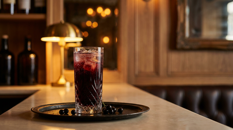 Shrub de cassis allongé dans un grand verre, grains de cassis, plaque de fer noir patiné