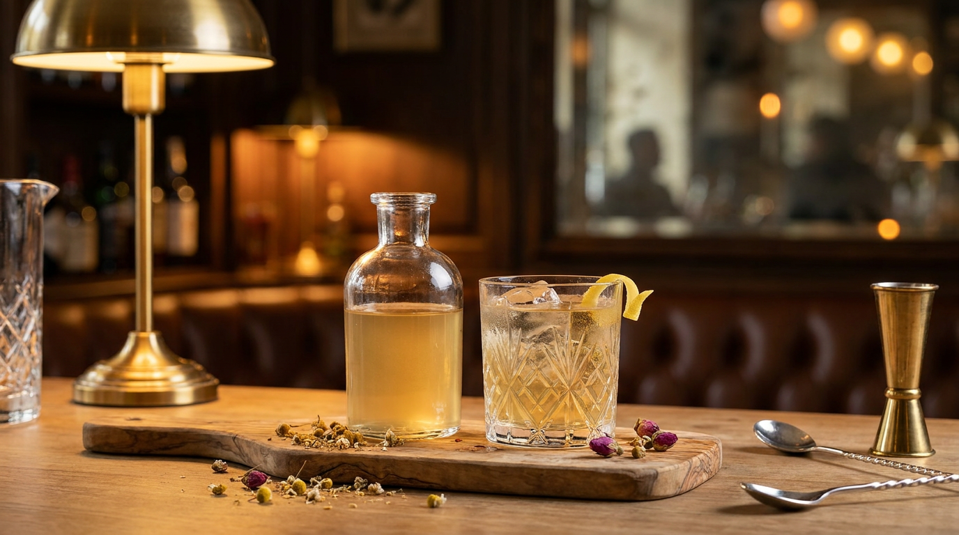Sirop de lavande en flacon et allongé dans un verre, boutons séchés, planche d'olivier patinée