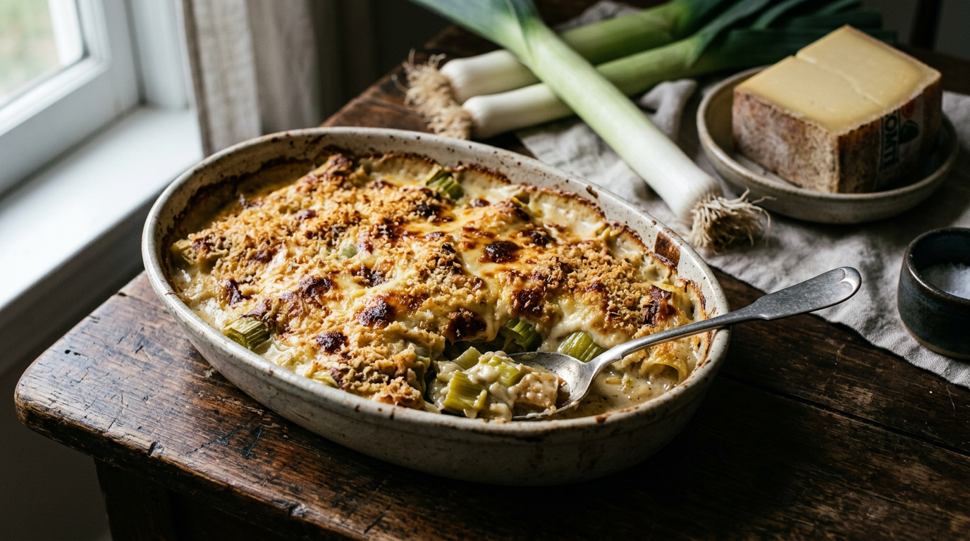 Gratin de poireaux dans un plat ovale en grès, béchamel et comté gratinés avec une croûte de chapelure dorée, une portion servie à la cuillère, poireaux crus et bloc de comté
