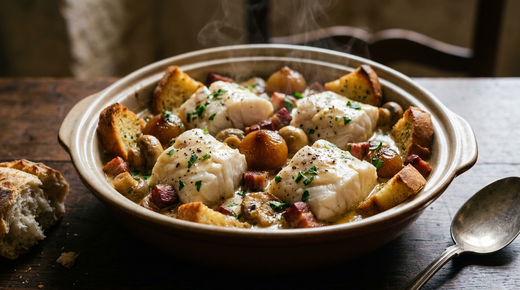 Pochouse bourguignonne, tronçons de poisson blancs dans une sauce ivoire, lardons dorés et croûtons