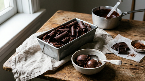 Glace au chocolat maison dans un moule en métal, masse brun très foncé et brillante couverte de copeaux, deux boules dans un bol, tablettes de chocolat et cacao en poudre