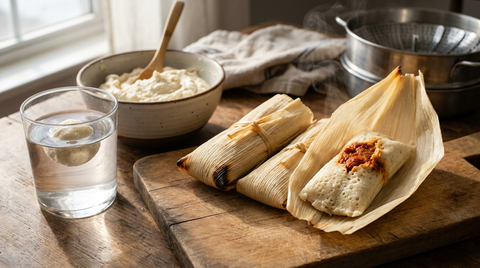 Tamales mexicains en feuilles de maïs, l'un ouvert sur une masa légère et aérée au porc, boulette de pâte flottant dans un verre d'eau