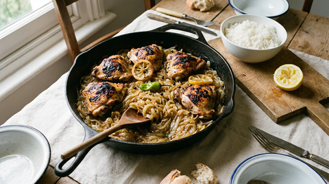 Poulet yassa sénégalais dans une poêle en fonte, montagne d'oignons fondus blonds et translucides, morceaux de poulet grillés dessus, rondelles de citron et bol de riz blanc