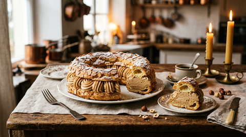 Paris-Brest en couronne de pâte à choux aux amandes effilées, garni de crème mousseline au praliné pochée en boudins, une part servie à côté, sur une table chaleureuse aux bougies