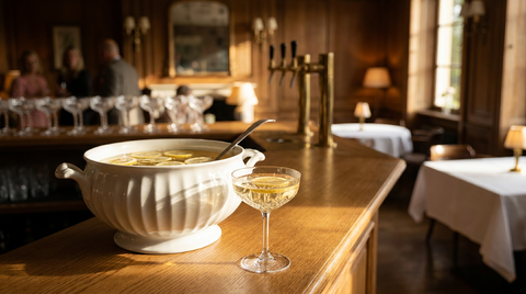 Soupière en porcelaine blanche remplie d'un punch au crémant doré aux rondelles de citron, louche posée et coupe servie devant, sur un comptoir de chêne, salle de réception au fond