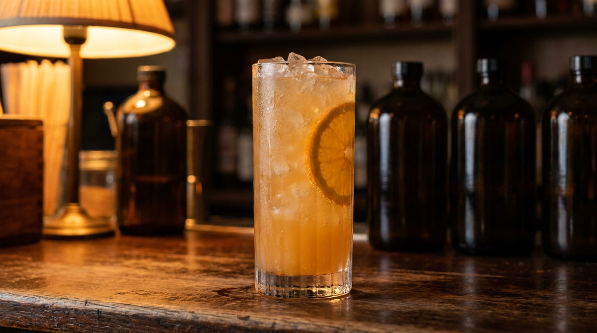 Verre haut rempli de glaçons et d'un long drink orange trouble à bulles, rondelle d'orange glissée dans le verre, comptoir de bois ciré sombre, lumière chaude et basse