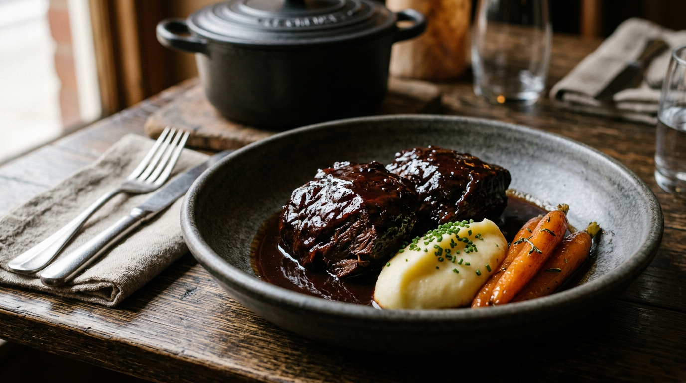Joues de bœuf braisées fondantes et laquées dans une assiette creuse en grès sombre, sauce au vin rouge nappante, quenelle de purée et carottes glacées, cocotte en fonte à l'arrière-plan
