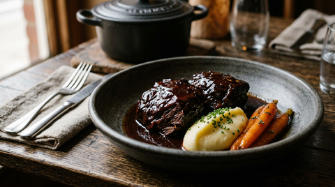 Joues de bœuf braisées fondantes et laquées dans une assiette creuse en grès sombre, sauce au vin rouge nappante, quenelle de purée et carottes glacées, cocotte en fonte à l'arrière-plan