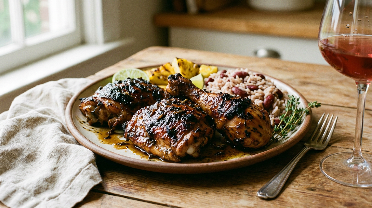 Assiette de jerk chicken jamaïcain, hauts de cuisse grillés au charbon, peau noircie et laquée d'une marinade sombre, riz aux haricots rouges, quartier de citron vert, thym, fourchette à plat, verre de vin rouge clair frais
