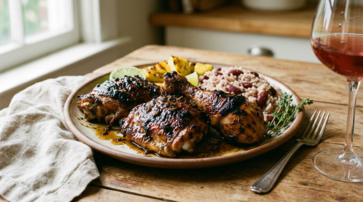 Assiette de jerk chicken jamaïcain, hauts de cuisse grillés au charbon, peau noircie et laquée d'une marinade sombre, riz aux haricots rouges, quartier de citron vert, thym, fourchette à plat, verre de vin rouge clair frais