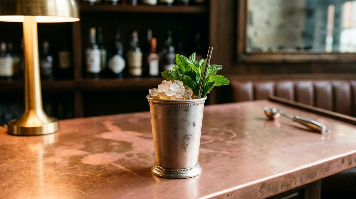 Brandy julep dans un gobelet d'argent givré, dôme de glace pilée et gros bouquet de menthe, comptoir de cuivre patiné