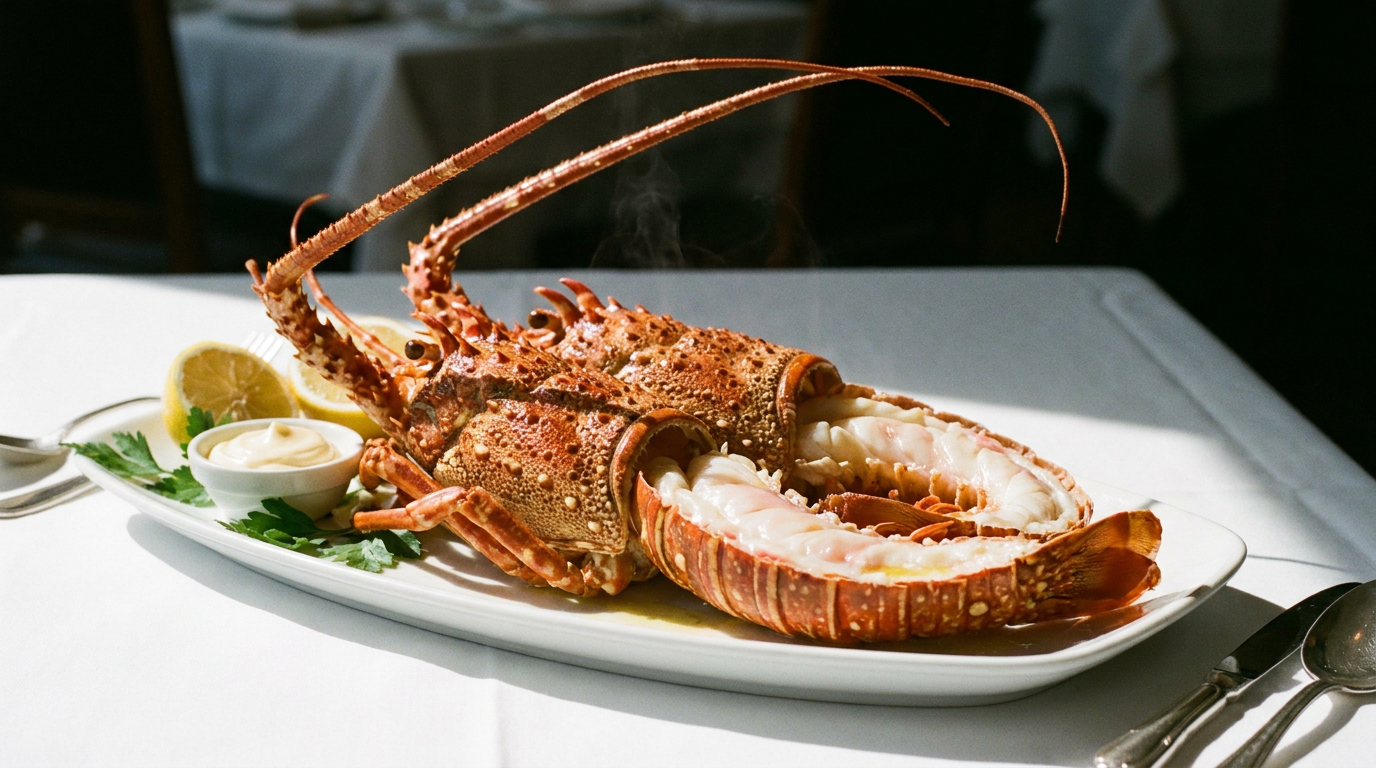 Langouste cuite fendue en deux dans la longueur, carapace rouge orangée épineuse et longues antennes, chair blanche nacrée, citron et mayonnaise