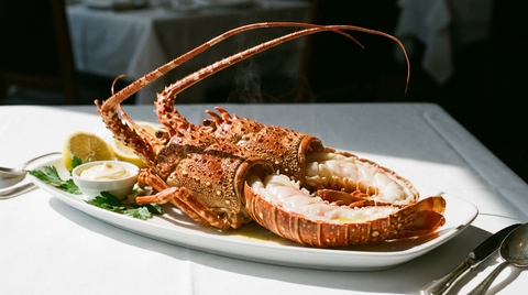 Langouste cuite fendue en deux dans la longueur, carapace rouge orangée épineuse et longues antennes, chair blanche nacrée, citron et mayonnaise