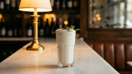 Lassi salé blanc et moussé dans un grand verre, cumin grillé et feuilles de menthe, comptoir de marbre blanc