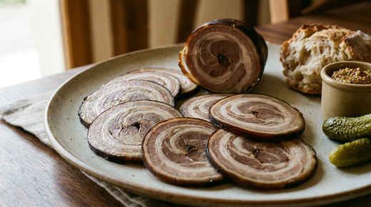 Andouille de Guémené en tranches fines, cercles concentriques bruns et beiges, pain, moutarde et cornichons