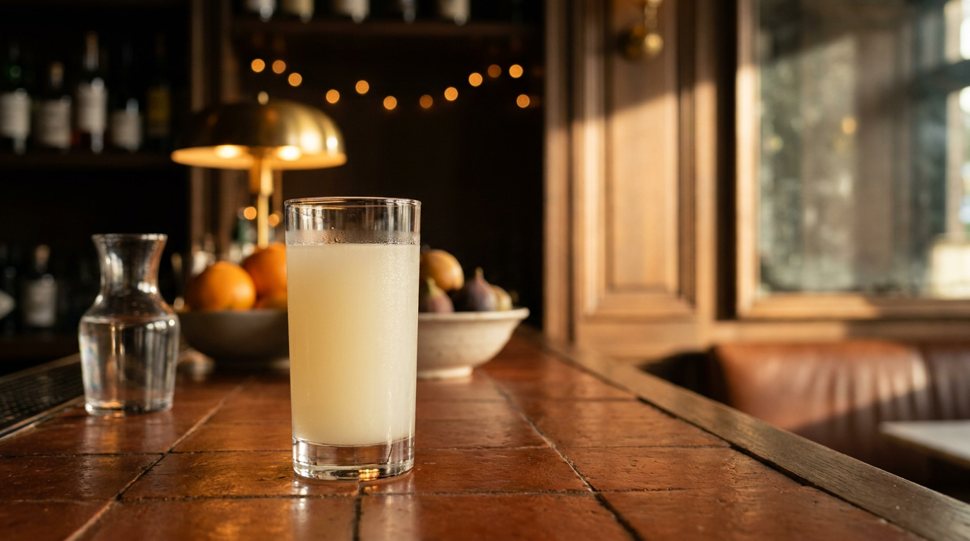 Verre de pastis jaune laiteux sans glace, carafe d'eau fraîche floue à côté, comptoir en tomettes