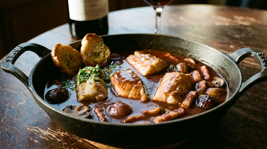 Matelote de poisson au vin rouge en cocotte, chair blanche nacrée baignant dans un jus brun-rouge profond et brillant, lardons, champignons et croûtons à l'ail