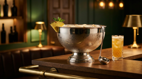 Bol à punch en argent rempli d'un punch tiki doré, quartier d'ananas et brin de menthe, louche en argent, sur un comptoir de chêne
