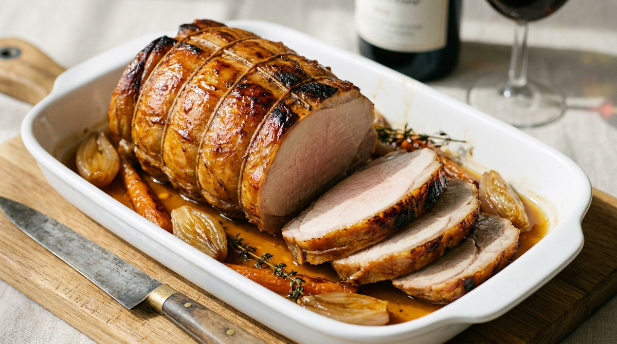 Rôti de veau ficelé à la croûte dorée et laquée, tranché pour montrer une chair pâle et rosée, jus brun, échalotes et carottes confites