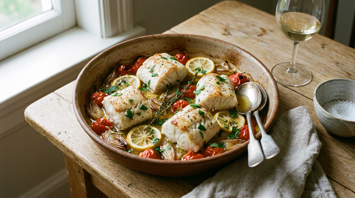 Pavés de julienne rôtis dans un plat en terre, chair blanche et nacrée qui se détache en gros feuillets, tomates cerises éclatées, rondelles de citron, échalotes fondues, thym, persil, verre de blanc pâle, table de bois clair
