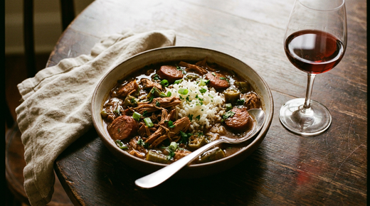 Bol de gumbo de Louisiane, ragoût brun acajou au roux avec poulet effiloché, rondelles de saucisse andouille et gombos, riz blanc au centre, oignon vert, verre de vin rouge