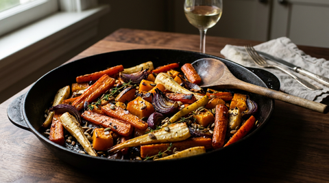 Légumes racines rôtis à l'air fryer, carottes, panais, courge et oignon rouge, dans un plat en fonte