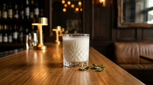 Ayran blanc opaque surmonté d'une fine mousse dans un verre large, feuilles de menthe séchée à côté, comptoir d'orme massif