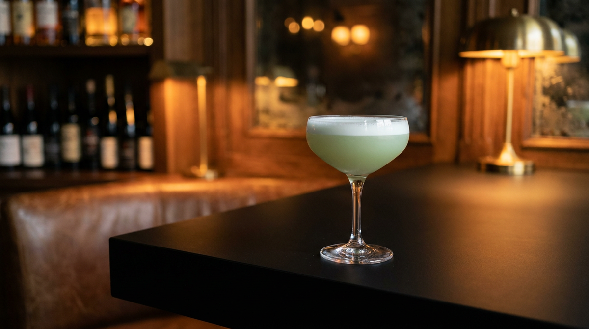 Matcha martini dans une coupe, mousse fine vert jade, comptoir laqué noir mat