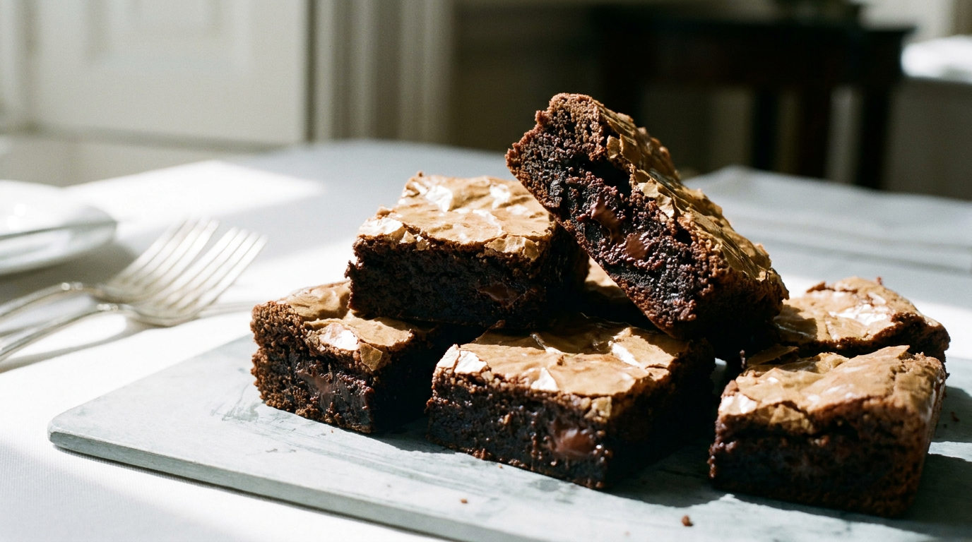 Brownies coupés en carrés, croûte fine craquelée et brillante sur le dessus, mie très sombre et dense avec des morceaux de chocolat fondus