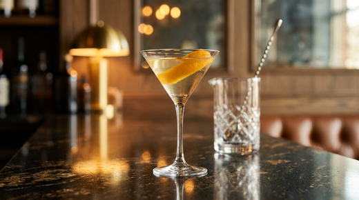 Perfect Martini doré paille limpide dans un verre à martini, large zeste d'orange en travers, comptoir de granit Star Galaxy