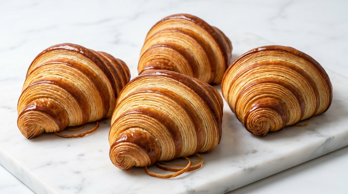 Croissants maison sur du marbre blanc, feuilletage aux stries fines et régulières, croûte laquée brun caramel brillante et creux doré pâle, filaments de pâte caramélisés