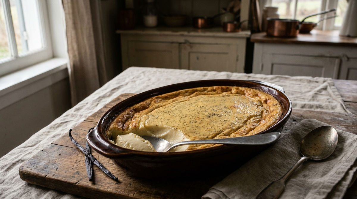 Plat en terre ovale d'œufs au lait à la vanille, surface dorée et légèrement ridée, une part prélevée à la cuillère montrant la crème tremblante et lisse, gousse de vanille à côté, table de cuisine en bois patiné