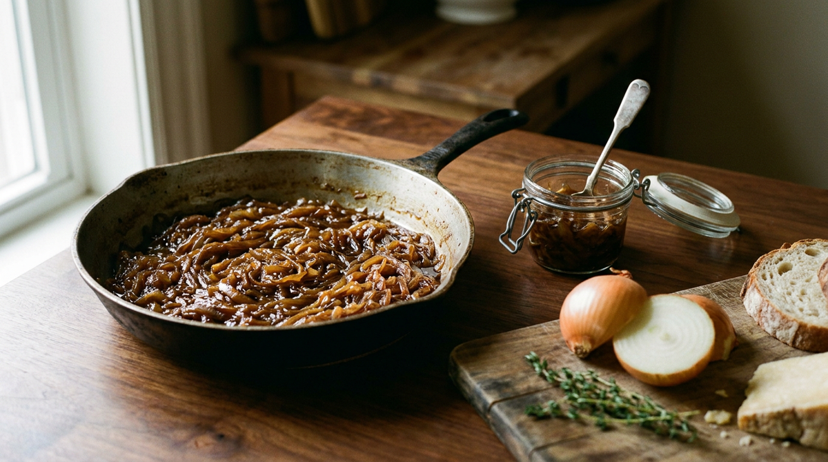 Confit d'oignons ambré et brillant dans une poêle en fonte, lamelles encore distinctes et translucides, bocal à étrier rempli avec une cuillère, oignon coupé montrant ses anneaux, thym et pain de campagne