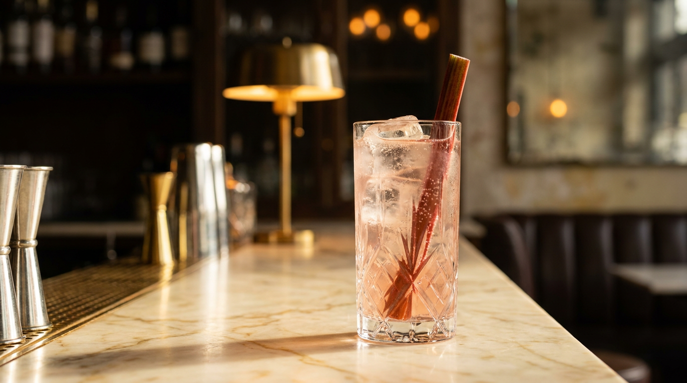 Shrub à la rhubarbe allongé dans un grand verre, bâtonnet de rhubarbe crue, marbre crème veine d'or