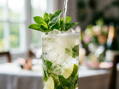 Verre highball de Mojito Royal, rhum blanc et menthe pilée allongés de crémant, bulles fines, lumière naturelle