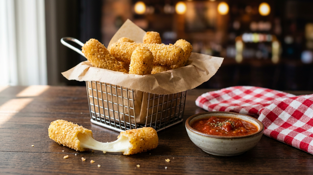 Mozzarella sticks dorés et croustillants empilés sur du papier dans un panier, un bâtonnet cassé en deux tiré montrant le fromage qui file en longs fils, bol de sauce tomate à côté, table de bistrot en bois, lumière chaude