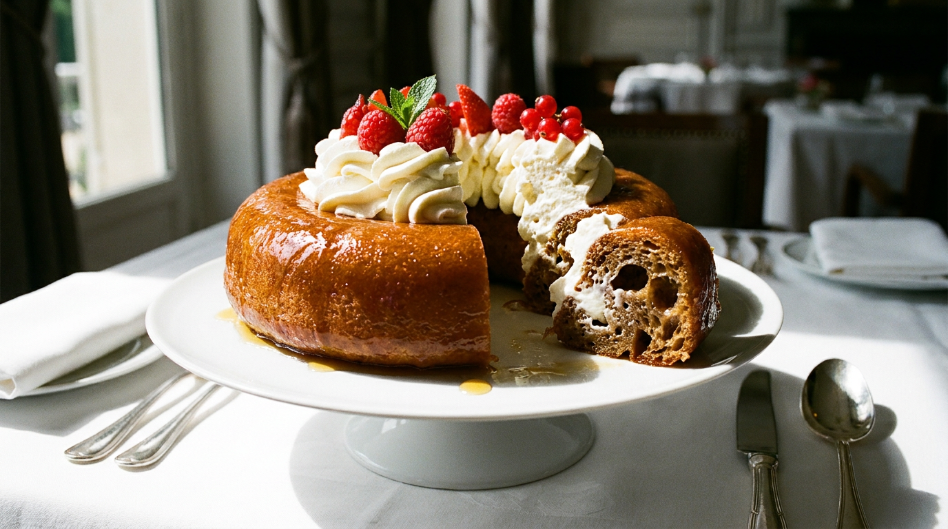 Savarin en couronne dorée et brillante de sirop, chantilly et fruits rouges au centre, une part coupée montrant la mie ouverte et imbibée