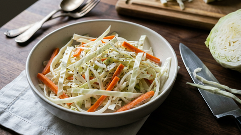 Coleslaw américain dans un bol blanc, lanières de chou blanc coupées au couteau et bâtonnets de carotte, chou entier et couteau de chef à côté