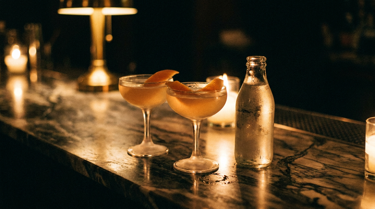 Deux verres à cocktail givrés remplis d'un liquide ambré pâle, zeste de pamplemousse, petite bouteille sortie du congélateur à côté, comptoir de marbre sombre, lumière de bougie