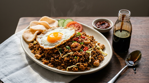 Nasi goreng indonésien, riz brun laqué aux grains bien détachés, œuf au plat, krupuk et bouteille de kecap manis