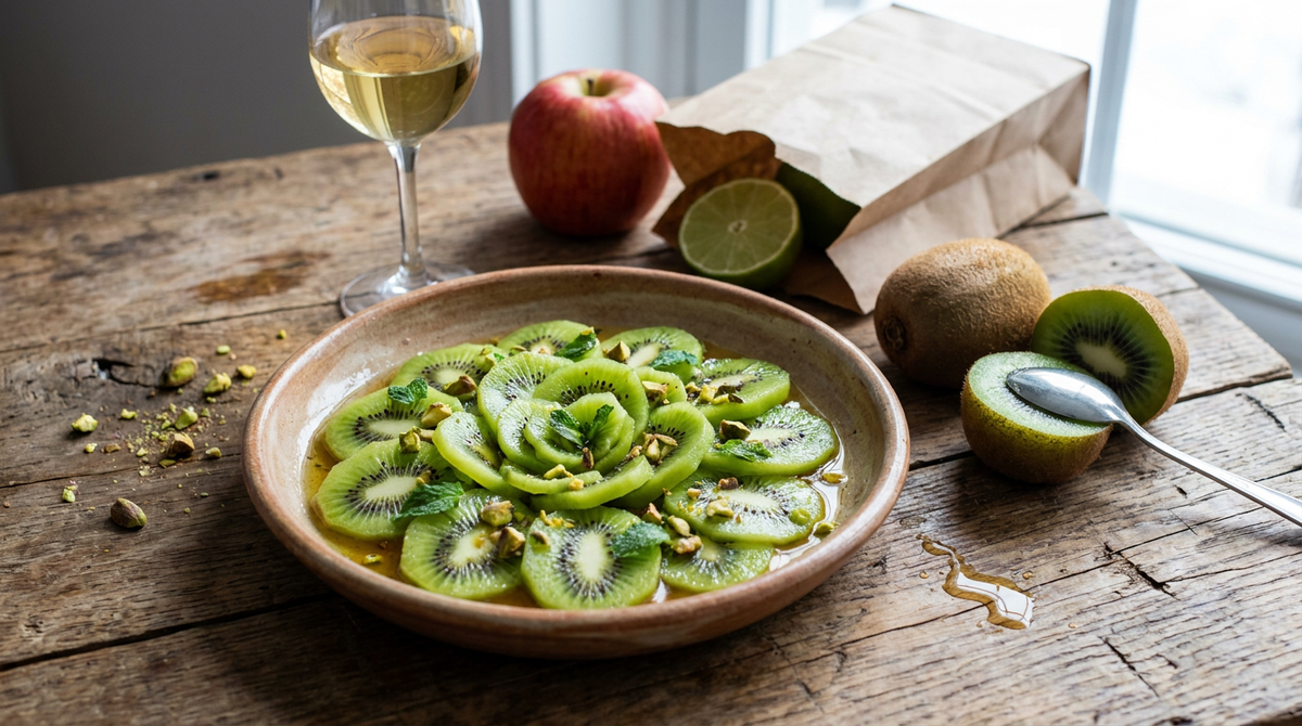 Kiwis coupés en deux et en rondelles sur une planche, chair vert vif rayonnante autour du cœur blanc, graines noires bien visibles, kiwis entiers à peau brune duveteuse, pomme posée à côté, verre de vin moelleux, table de bois