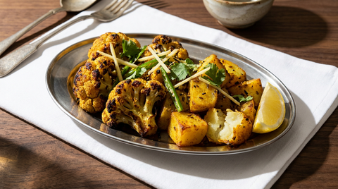 Aloo gobi sec sur un plat en inox, bouquets de chou-fleur rôtis et fermes, cubes de pomme de terre dorés, curcuma et coriandre
