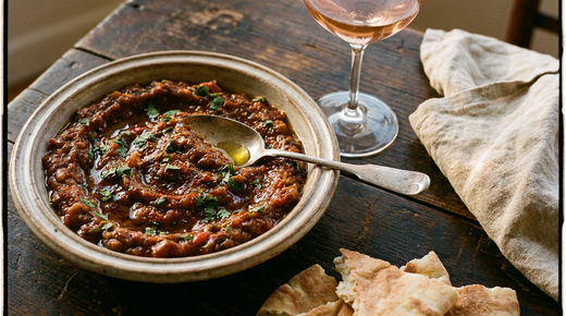 Plat de zaalouk marocain, purée rustique d'aubergine et de tomate cuite, brun-rouge et brillante d'huile d'olive, cumin et coriandre, pain marocain, verre de rosé