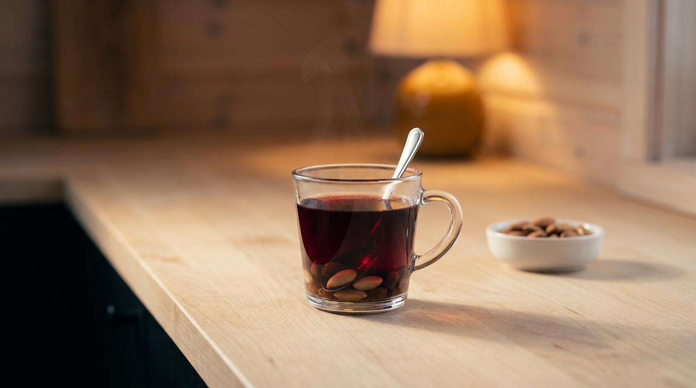 Glögg suédois avec amandes et raisins au fond de la tasse, sur un comptoir de bouleau clair