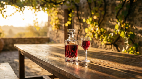 Sangria d'automne en carafe de cristal, robe grenat, tranches de pomme et raisin, verre à pied servi, sur une table de bois sous une treille en fin d'après-midi