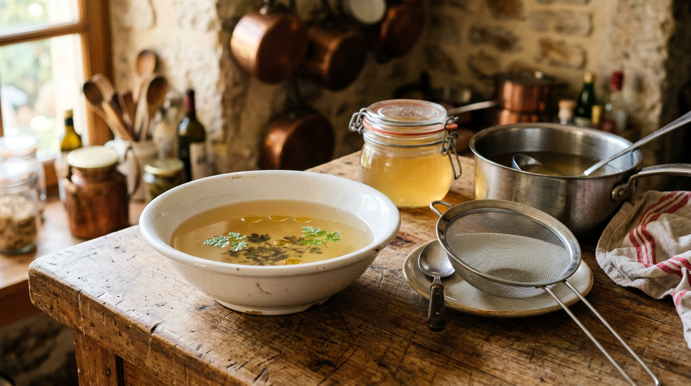 Bouillon de volaille parfaitement limpide et doré dans un bol en faïence, avec un chinois, une casserole et un bocal du même bouillon pris en gelée, dans une cuisine de campagne