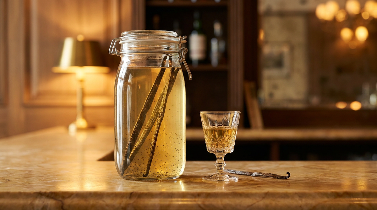 Bocal de rhum arrangé à la vanille, trois gousses fendues dans le rhum doré, sur un comptoir de marbre fauve, petit verre servi, bar chic flou derrière