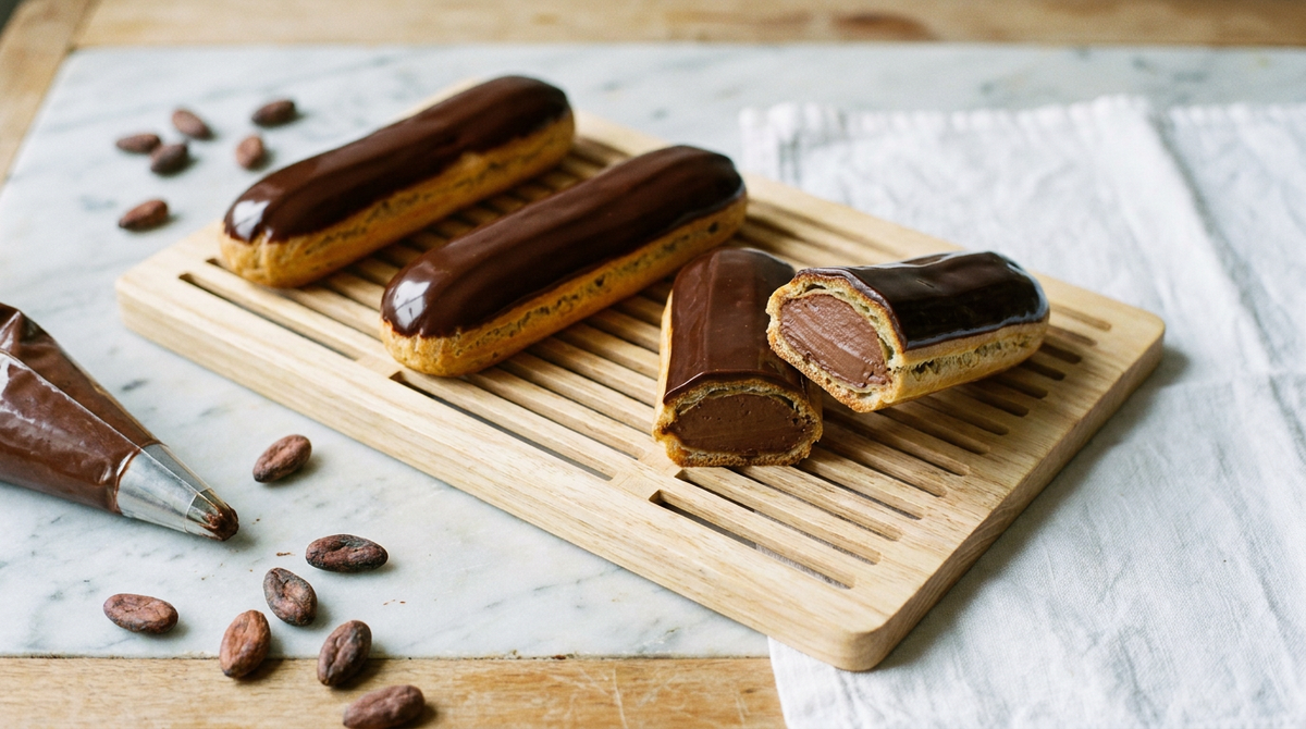 Éclairs au chocolat au glaçage brun brillant comme un miroir, l'un coupé montrant la coque de pâte à choux garnie de crème